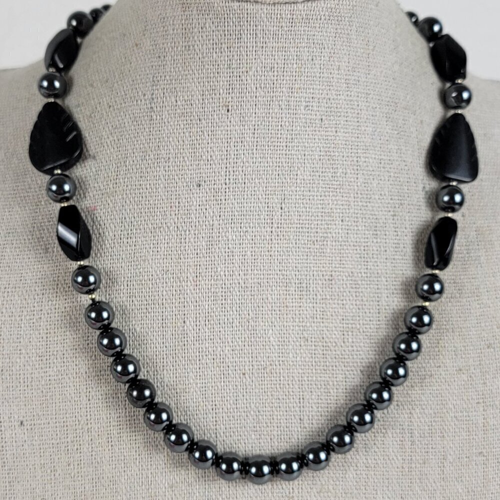 Vtg. Black Onyx And Gray Hematite Beaded Necklace 27" Gold Tone Fishhook Clasp